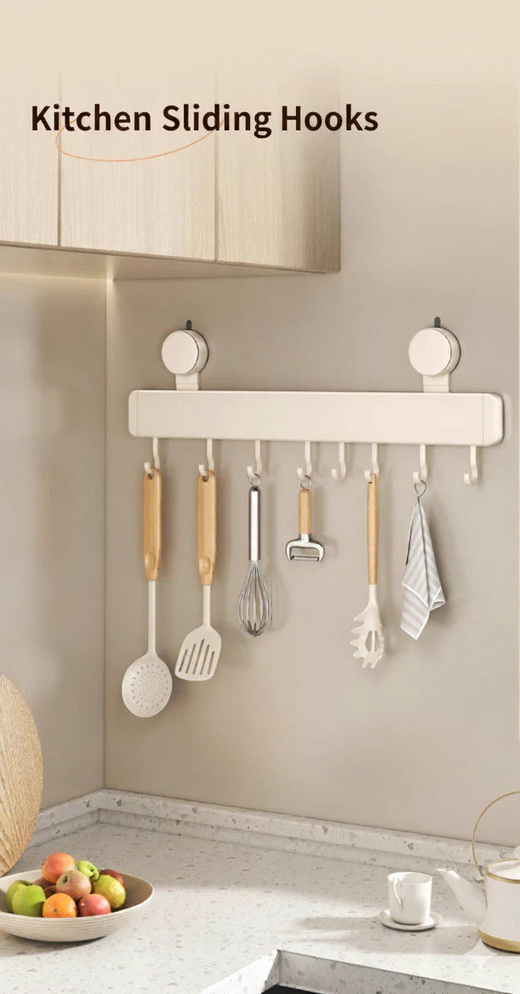 Kitchen Sliding Hook Rack - No-Drill Wall Mount Organizer