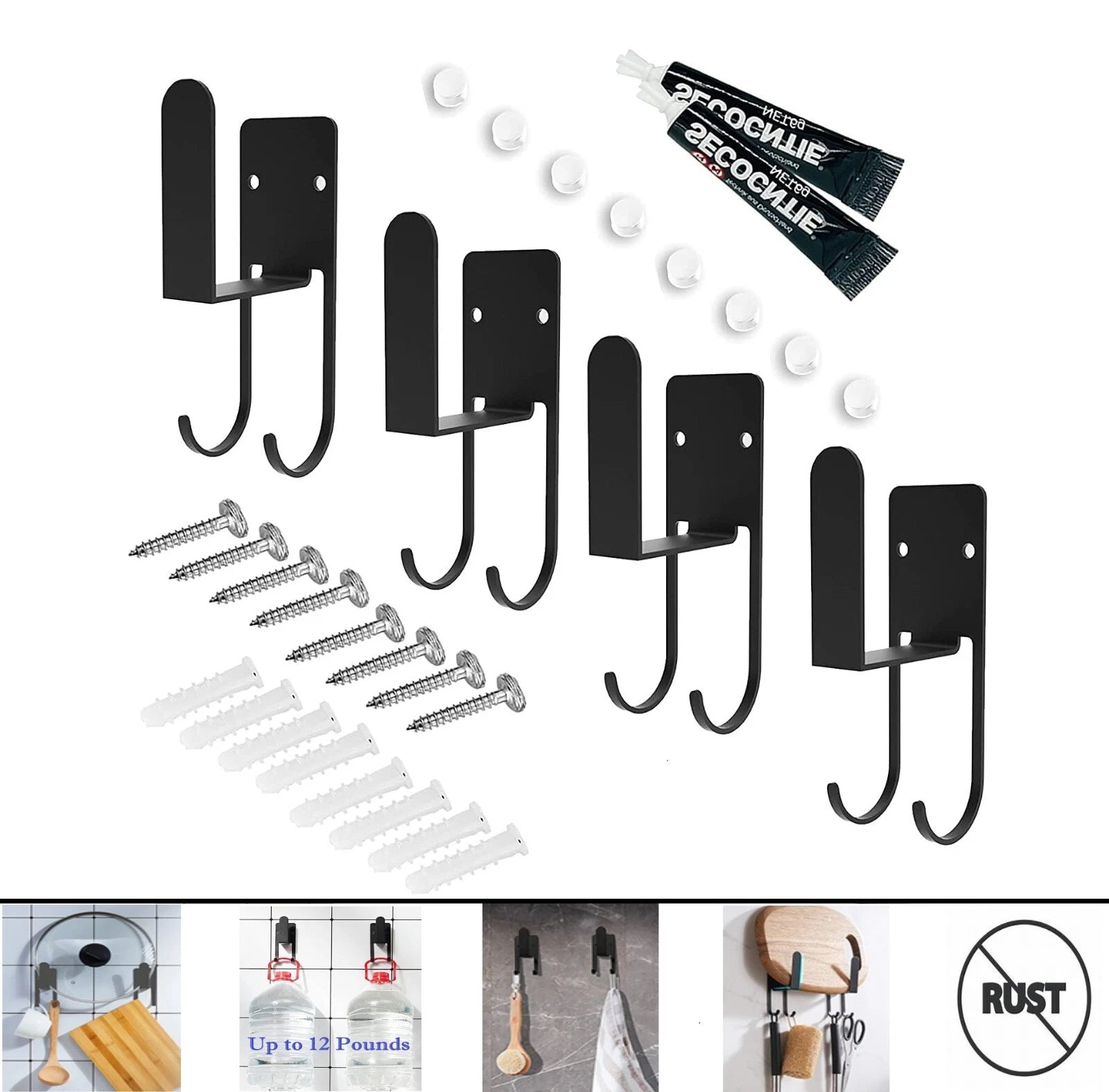 Stainless Steel 4 Pack Black Heavy Duty Kitchen Bath Wall Hanging Hooks Storage