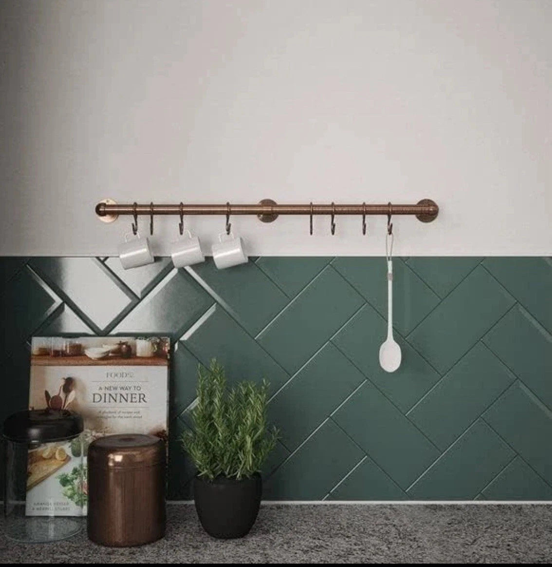 Easy-Fit Utensil Rail Kit 60cm Antique Copper Kitchen Wall Cup Over Sink Hanger