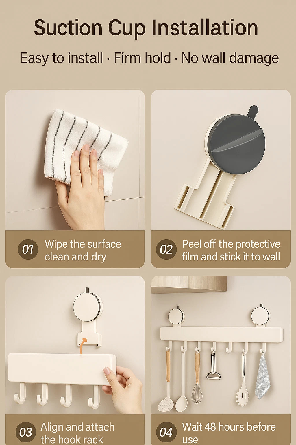 Kitchen Sliding Hook Rack - No-Drill Wall Mount Organizer