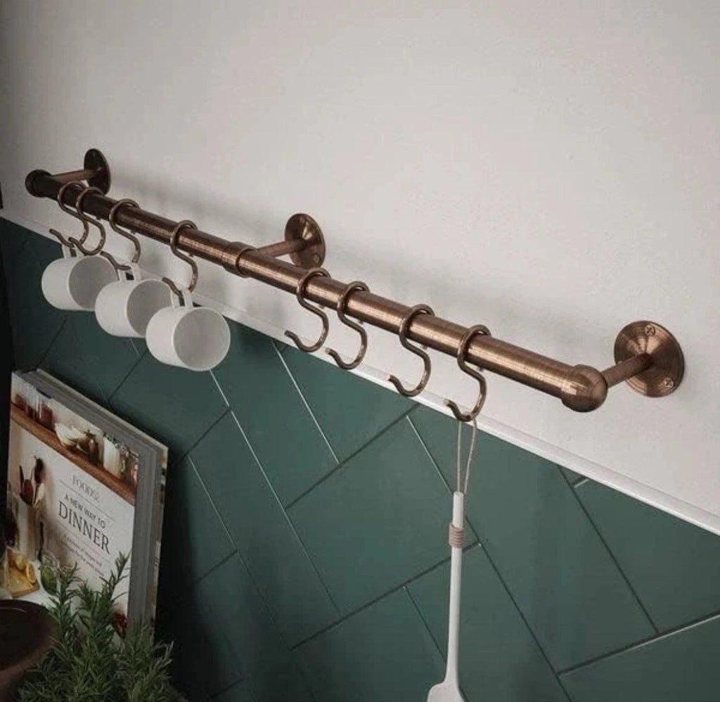 Easy-Fit Utensil Rail Kit 60cm Antique Copper Kitchen Wall Cup Over Sink Hanger