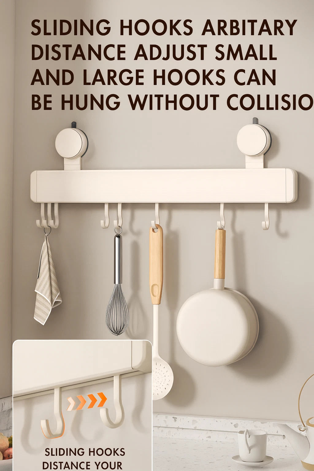 Kitchen Sliding Hook Rack - No-Drill Wall Mount Organizer